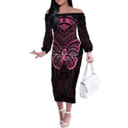 New Zealand Breast Cancer Awareness Off The Shoulder Long Sleeve Dress Maori Butterfly Pink Ribbon Black Version - Aussie Hoodie