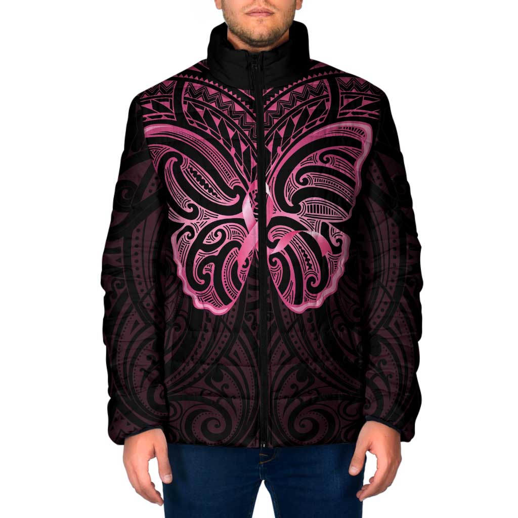 New Zealand Breast Cancer Awareness Padded Jacket Maori Butterfly Pink Ribbon Black Version - Aussie Hoodie