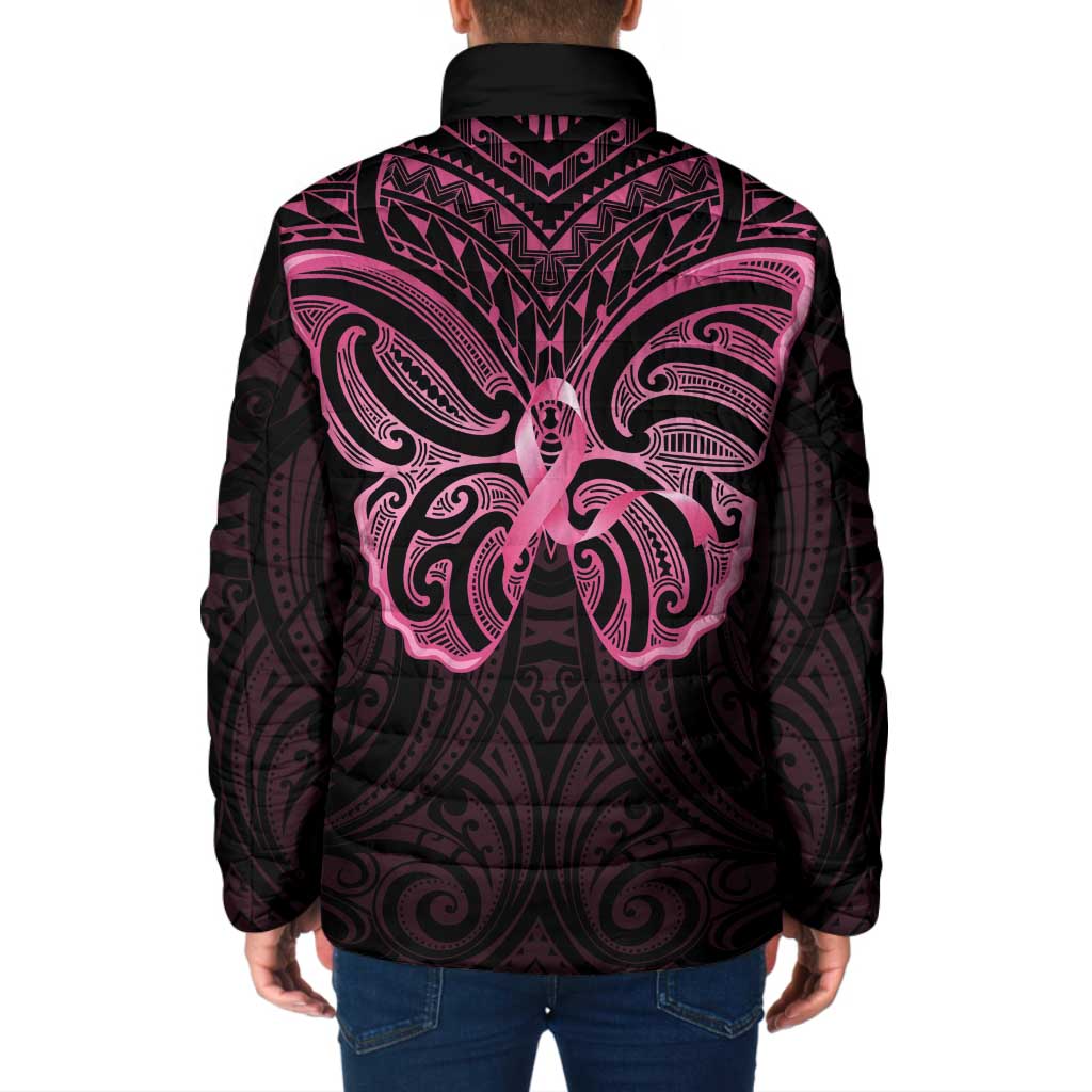 New Zealand Breast Cancer Awareness Padded Jacket Maori Butterfly Pink Ribbon Black Version - Aussie Hoodie