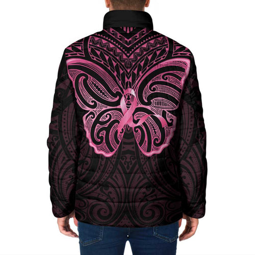 New Zealand Breast Cancer Awareness Padded Jacket Maori Butterfly Pink Ribbon Black Version - Aussie Hoodie