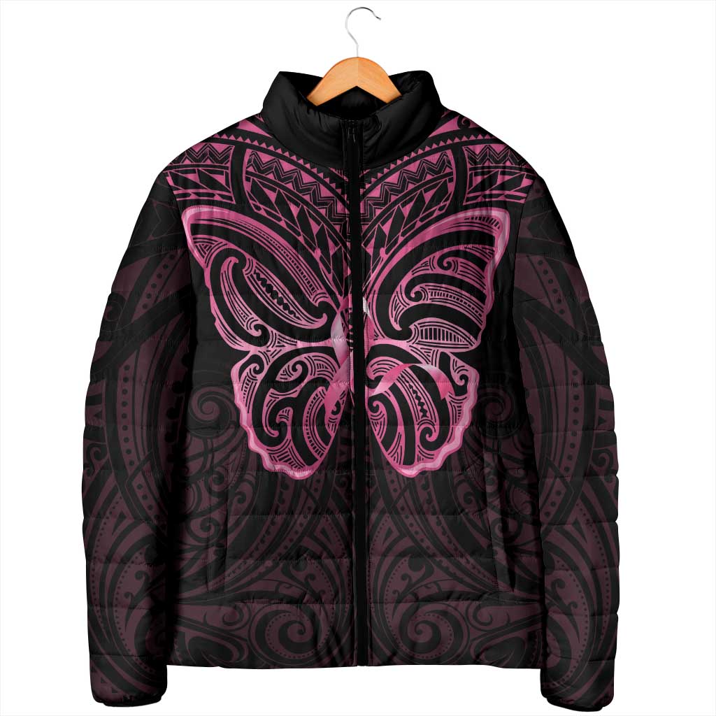 New Zealand Breast Cancer Awareness Padded Jacket Maori Butterfly Pink Ribbon Black Version - Aussie Hoodie