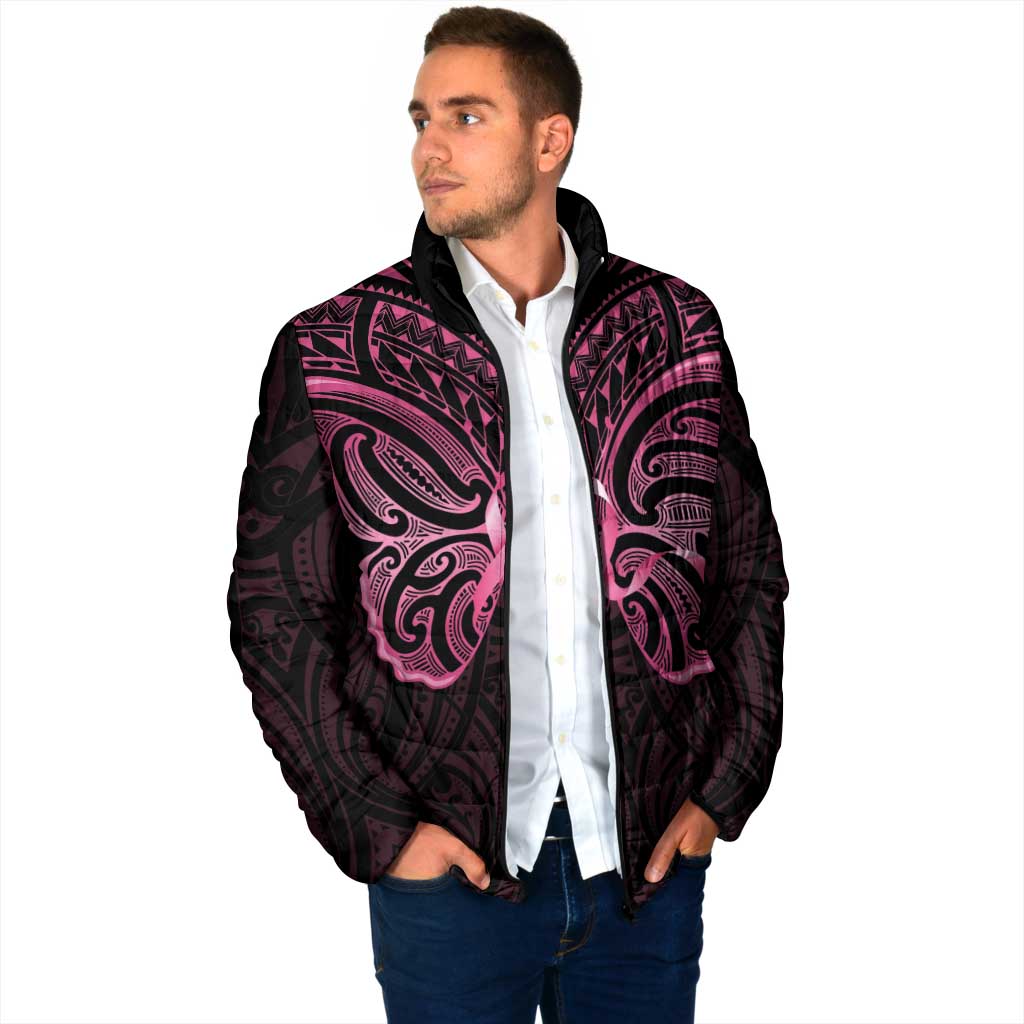 New Zealand Breast Cancer Awareness Padded Jacket Maori Butterfly Pink Ribbon Black Version - Aussie Hoodie