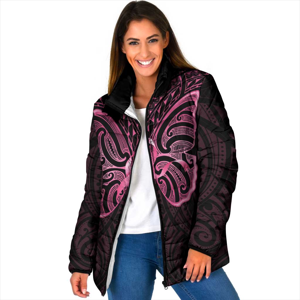 New Zealand Breast Cancer Awareness Padded Jacket Maori Butterfly Pink Ribbon Black Version - Aussie Hoodie