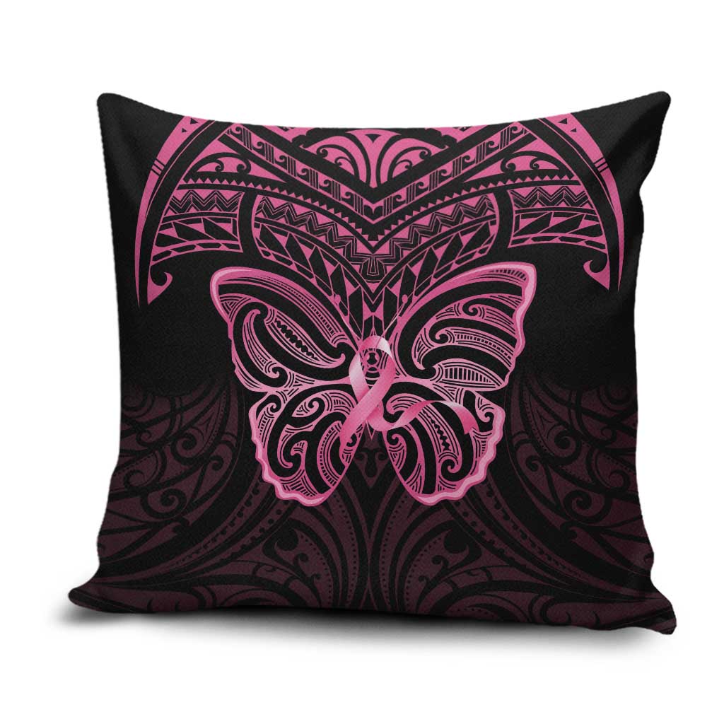 New Zealand Breast Cancer Awareness Pillow Cover Maori Butterfly Pink Ribbon Black Version - Aussie Hoodie