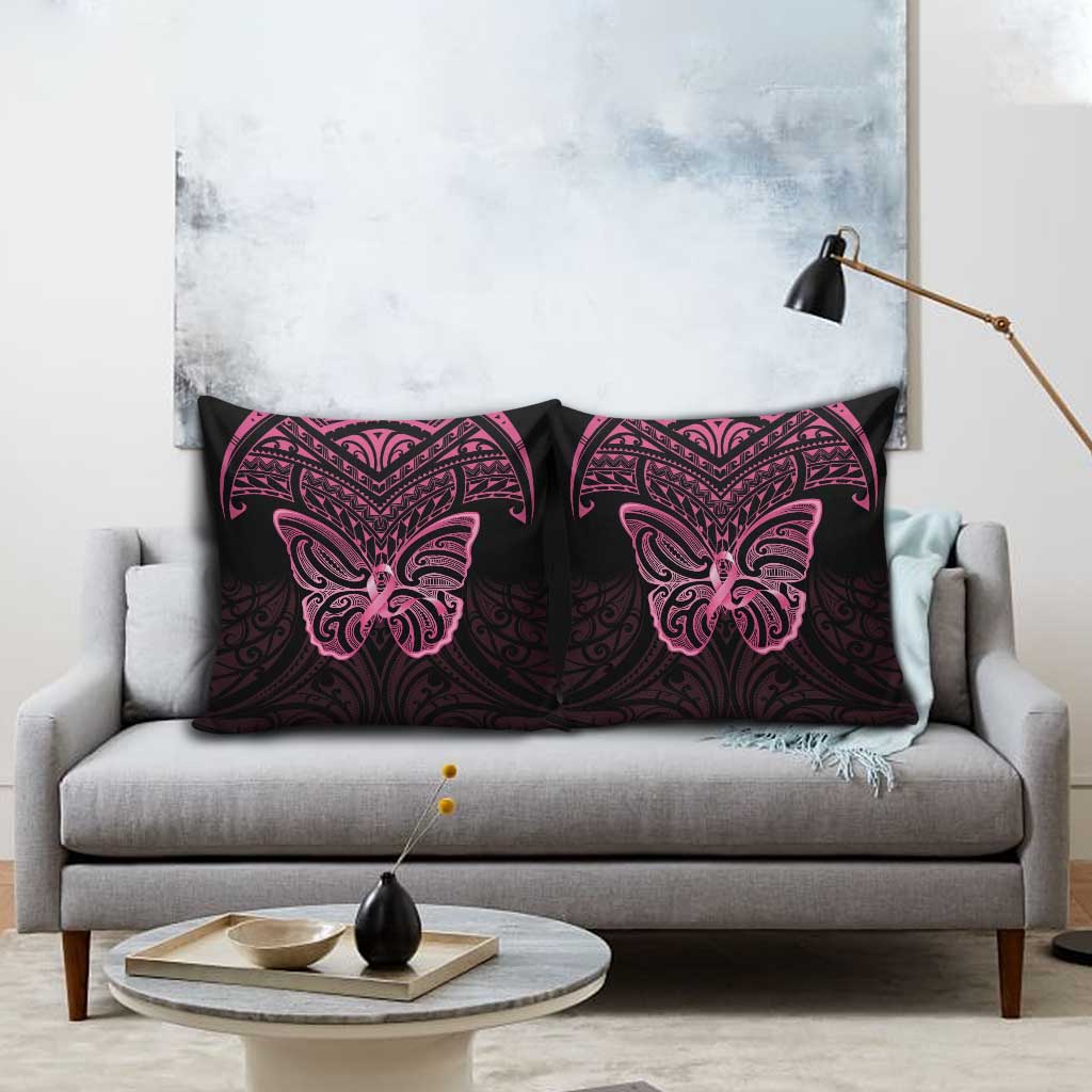 New Zealand Breast Cancer Awareness Pillow Cover Maori Butterfly Pink Ribbon Black Version - Aussie Hoodie