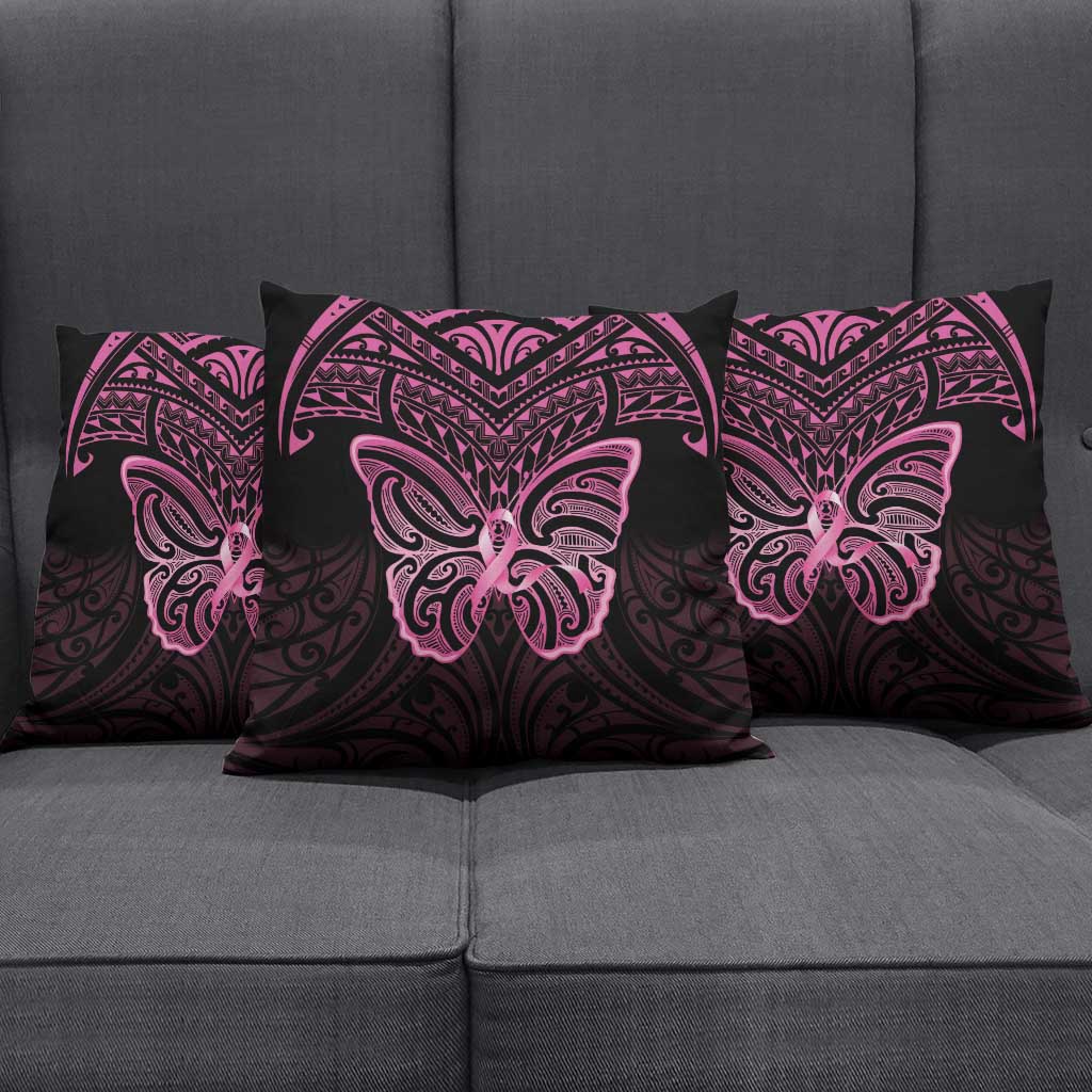 New Zealand Breast Cancer Awareness Pillow Cover Maori Butterfly Pink Ribbon Black Version - Aussie Hoodie