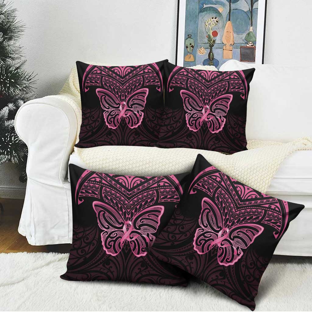New Zealand Breast Cancer Awareness Pillow Cover Maori Butterfly Pink Ribbon Black Version - Aussie Hoodie