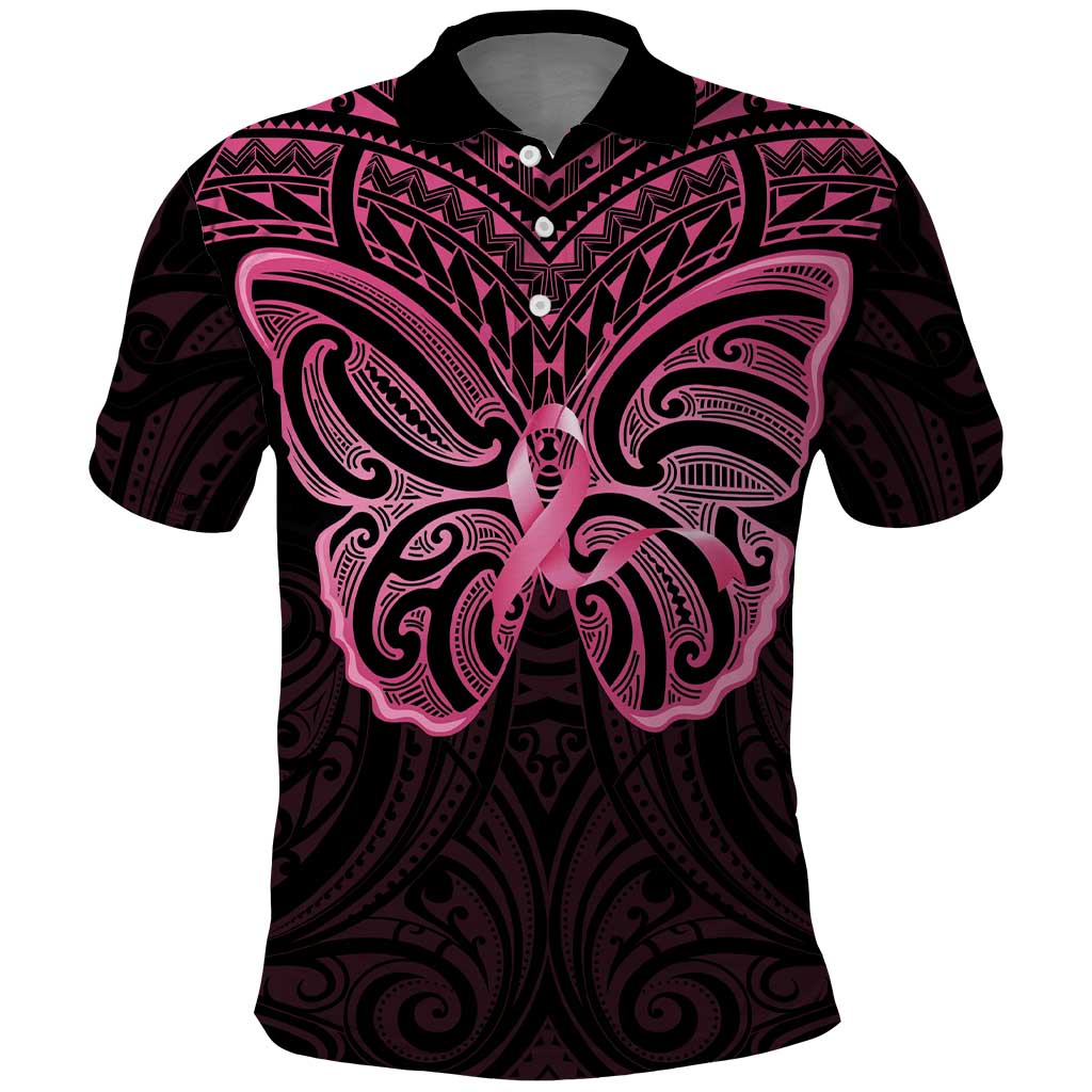 New Zealand Breast Cancer Awareness Polo Shirt Maori Butterfly Pink Ribbon Black Version - Aussie Hoodie