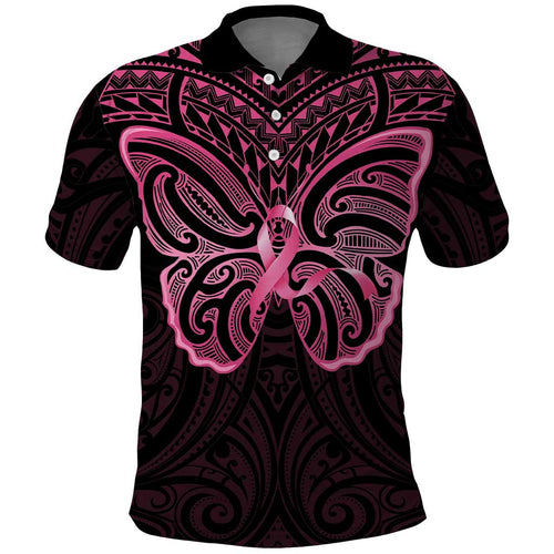 New Zealand Breast Cancer Awareness Polo Shirt Maori Butterfly Pink Ribbon Black Version - Aussie Hoodie