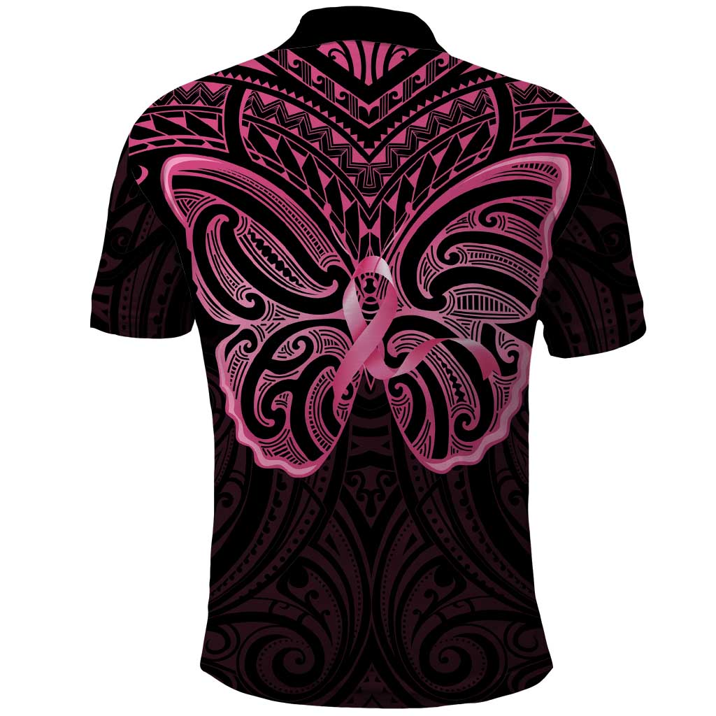 New Zealand Breast Cancer Awareness Polo Shirt Maori Butterfly Pink Ribbon Black Version - Aussie Hoodie