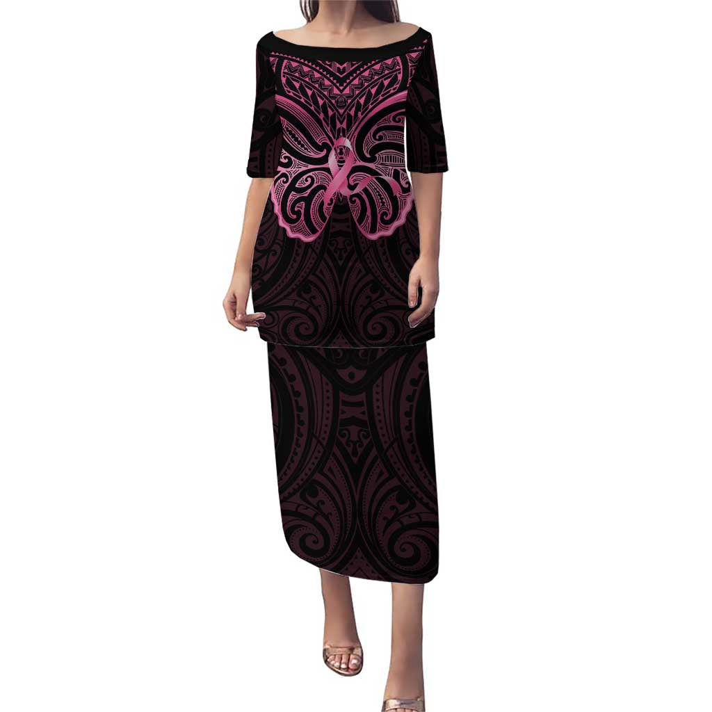 New Zealand Breast Cancer Awareness Puletasi Maori Butterfly Pink Ribbon Black Version - Aussie Hoodie