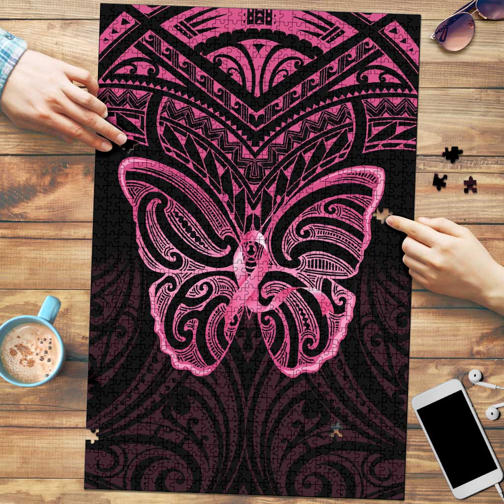 New Zealand Breast Cancer Awareness Puzzle Maori Butterfly Pink Ribbon Black Version - Aussie Hoodie