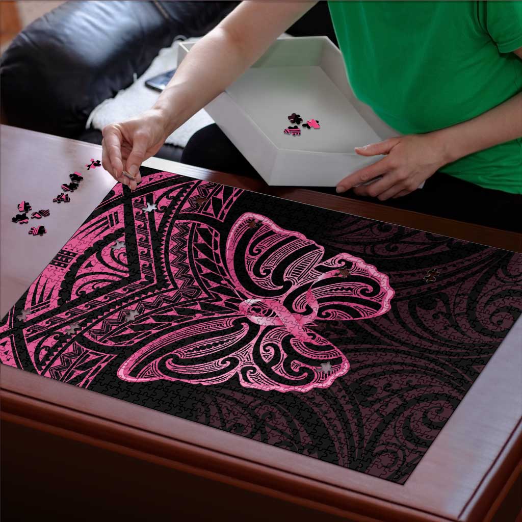 New Zealand Breast Cancer Awareness Puzzle Maori Butterfly Pink Ribbon Black Version - Aussie Hoodie