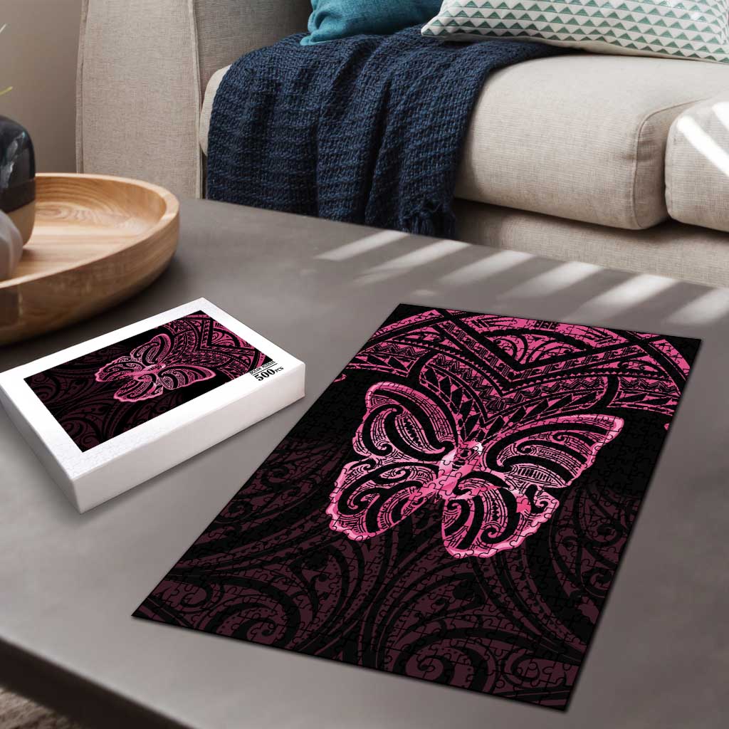 New Zealand Breast Cancer Awareness Puzzle Maori Butterfly Pink Ribbon Black Version - Aussie Hoodie