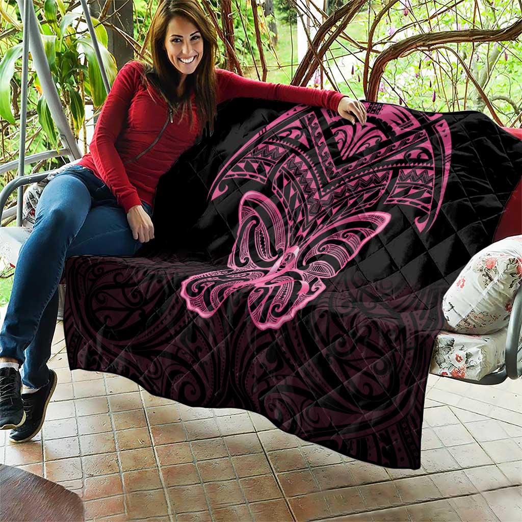 New Zealand Breast Cancer Awareness Quilt Maori Butterfly Pink Ribbon Black Version - Aussie Hoodie