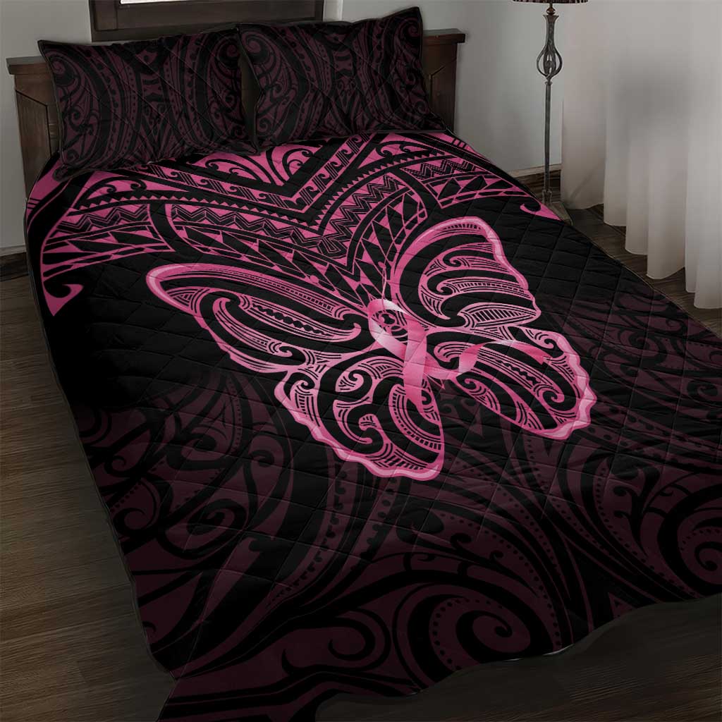 New Zealand Breast Cancer Awareness Quilt Bed Set Maori Butterfly Pink Ribbon Black Version - Aussie Hoodie