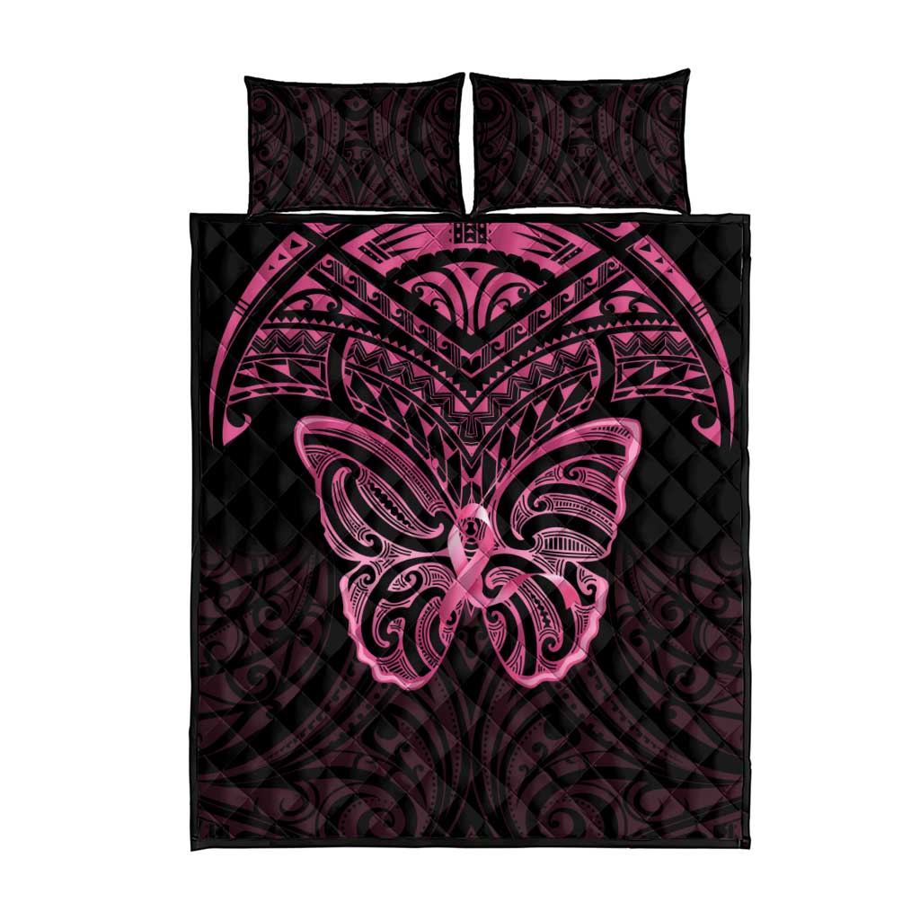 New Zealand Breast Cancer Awareness Quilt Bed Set Maori Butterfly Pink Ribbon Black Version - Aussie Hoodie