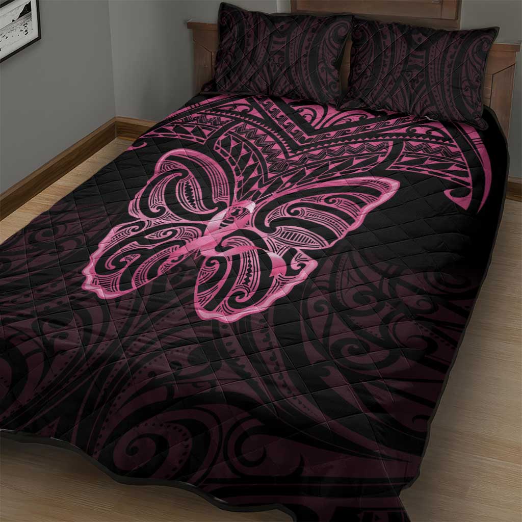 New Zealand Breast Cancer Awareness Quilt Bed Set Maori Butterfly Pink Ribbon Black Version - Aussie Hoodie
