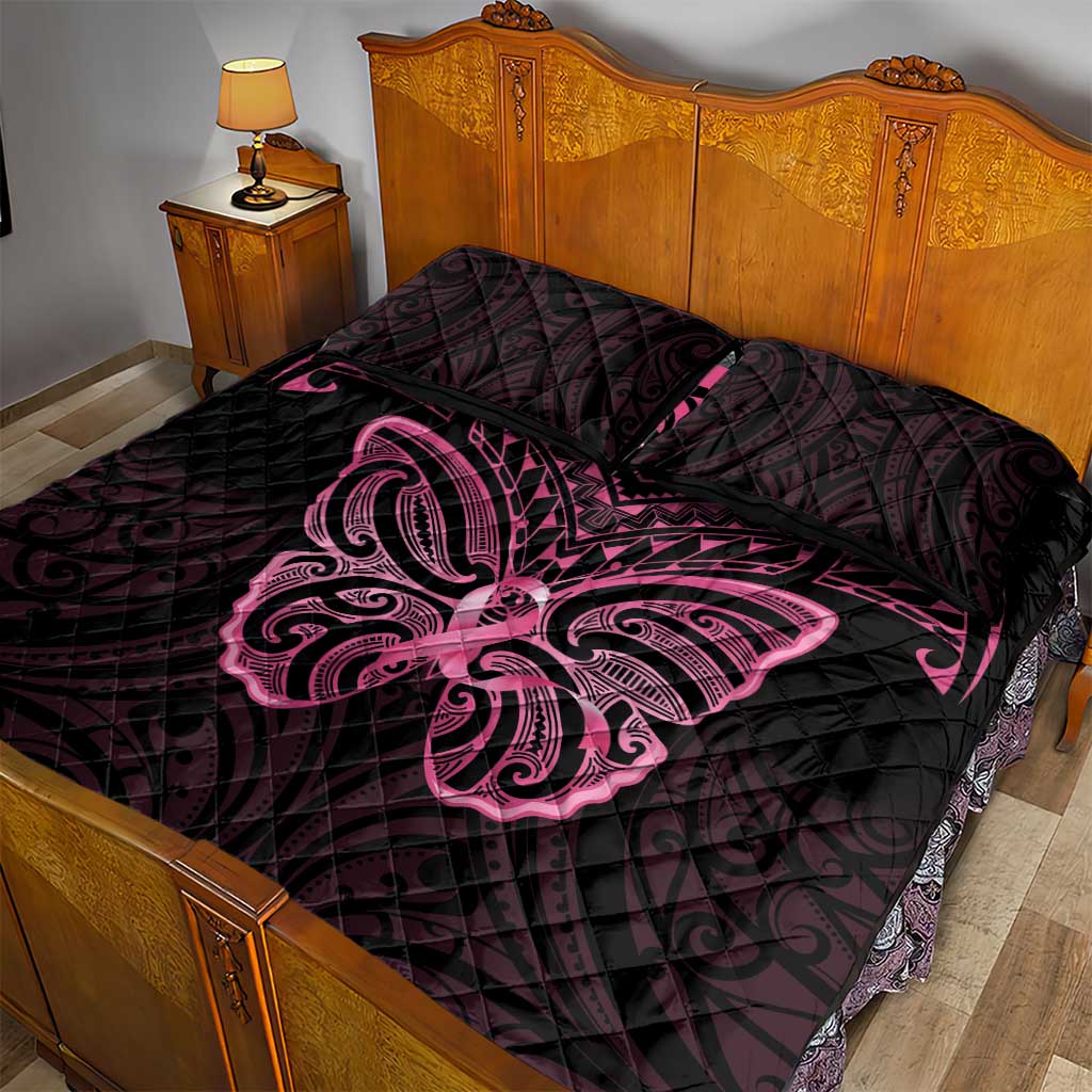 New Zealand Breast Cancer Awareness Quilt Bed Set Maori Butterfly Pink Ribbon Black Version - Aussie Hoodie