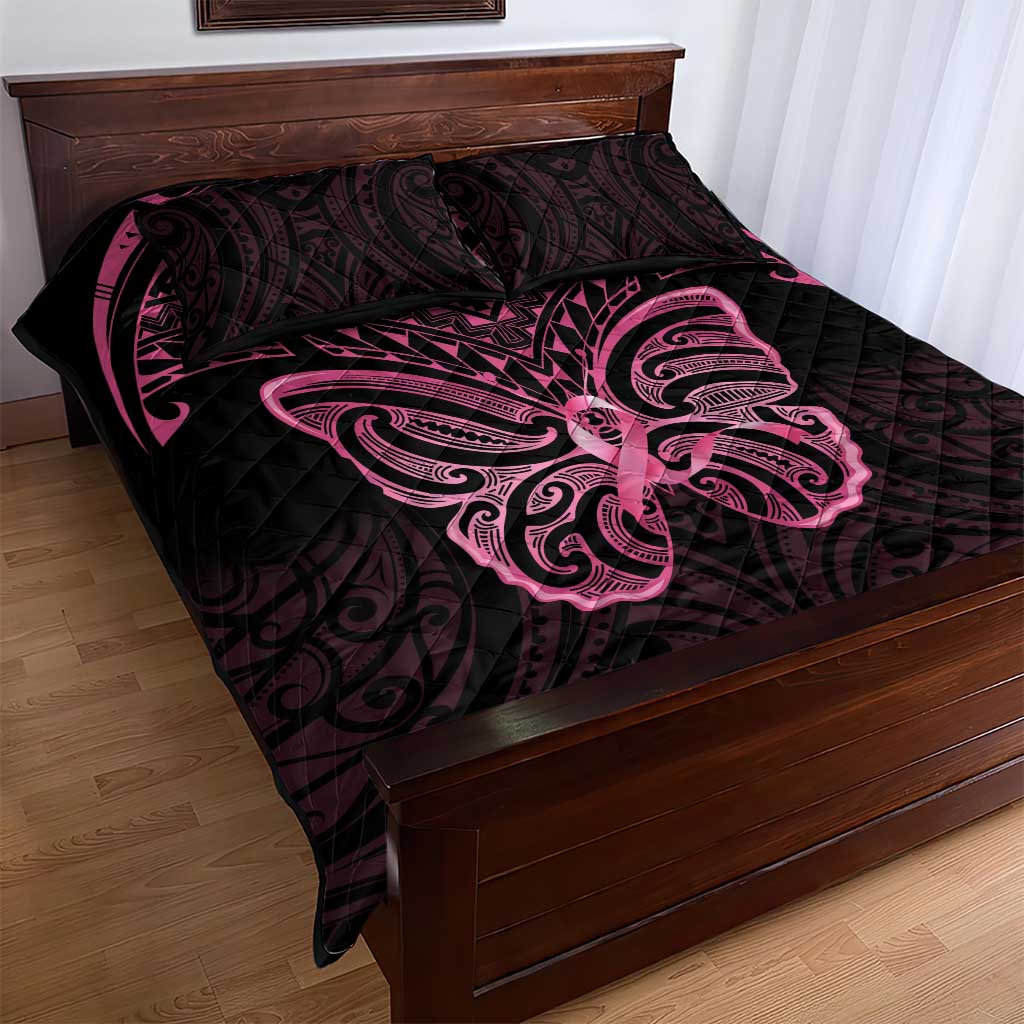 New Zealand Breast Cancer Awareness Quilt Bed Set Maori Butterfly Pink Ribbon Black Version - Aussie Hoodie