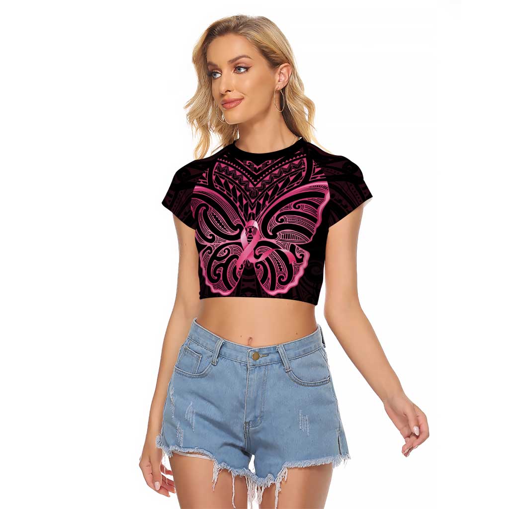 New Zealand Breast Cancer Awareness Raglan Cropped T Shirt Maori Butterfly Pink Ribbon Black Version - Aussie Hoodie
