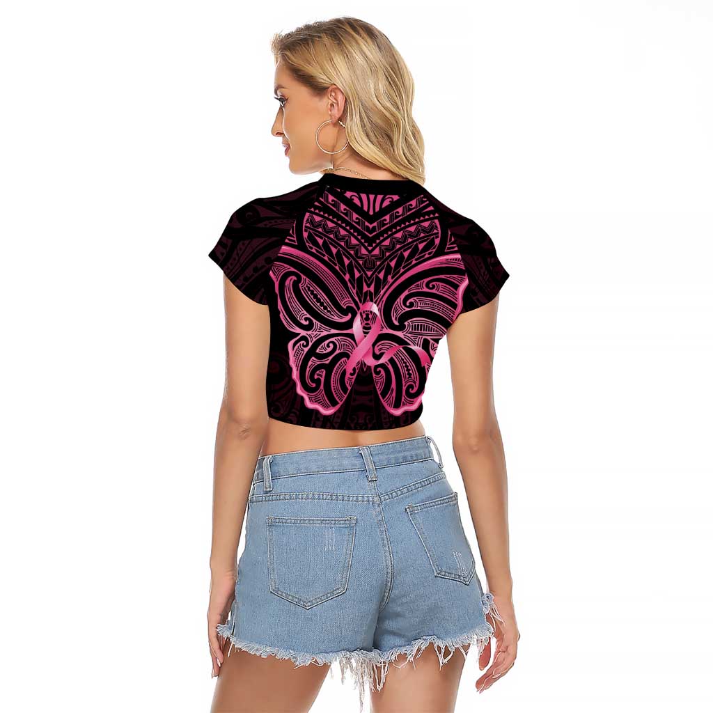 New Zealand Breast Cancer Awareness Raglan Cropped T Shirt Maori Butterfly Pink Ribbon Black Version - Aussie Hoodie