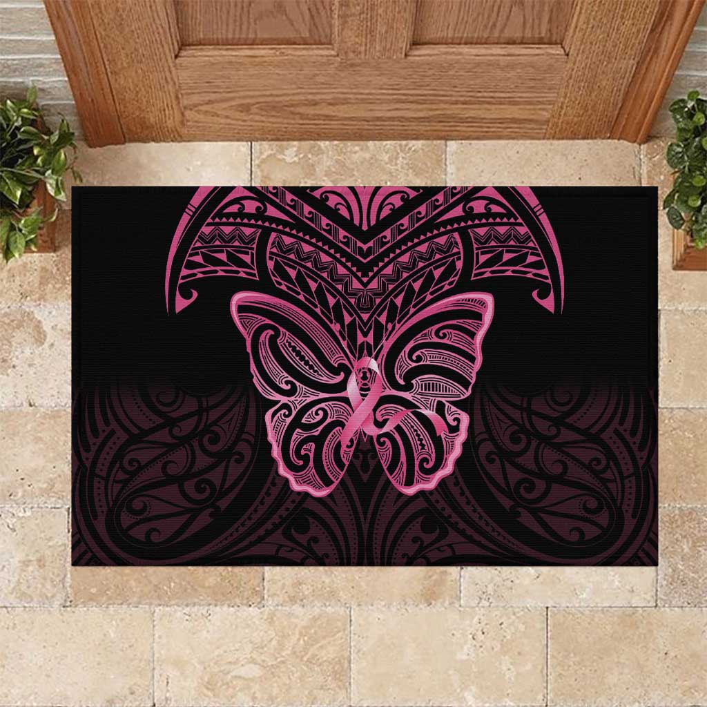 New Zealand Breast Cancer Awareness Rubber Doormat Maori Butterfly Pink Ribbon Black Version - Aussie Hoodie