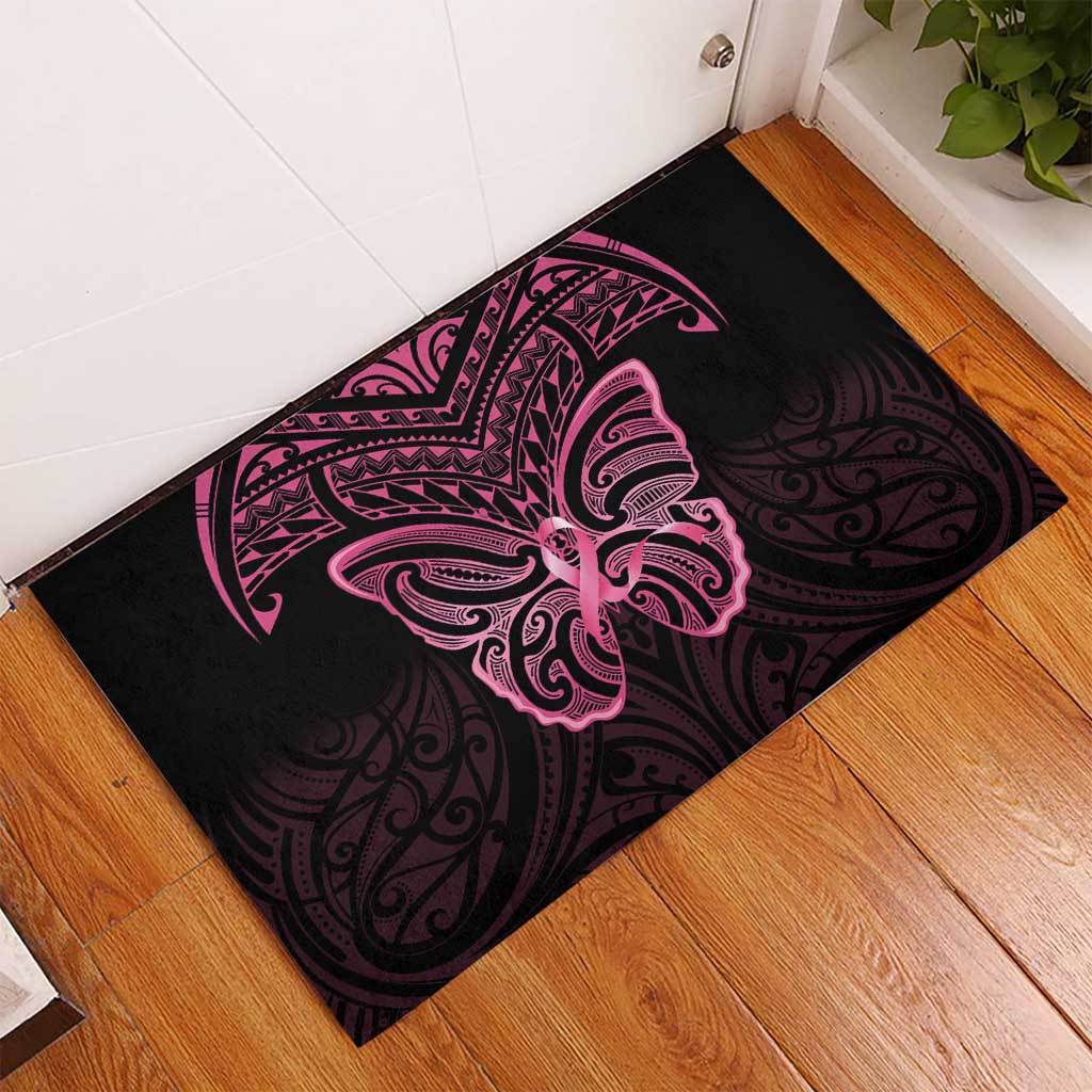 New Zealand Breast Cancer Awareness Rubber Doormat Maori Butterfly Pink Ribbon Black Version - Aussie Hoodie