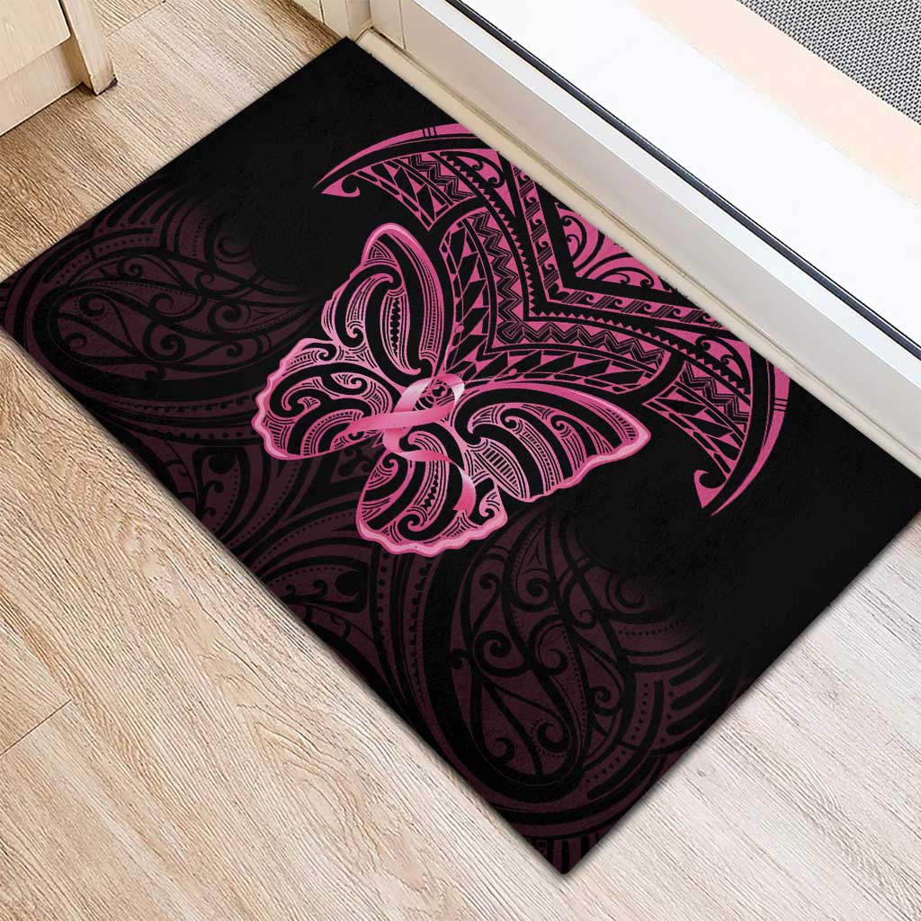 New Zealand Breast Cancer Awareness Rubber Doormat Maori Butterfly Pink Ribbon Black Version - Aussie Hoodie