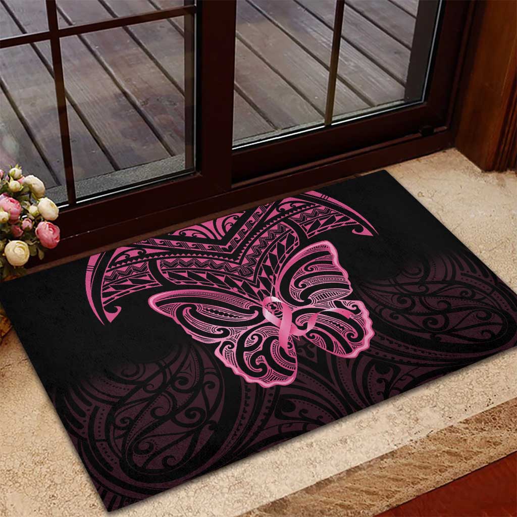 New Zealand Breast Cancer Awareness Rubber Doormat Maori Butterfly Pink Ribbon Black Version - Aussie Hoodie
