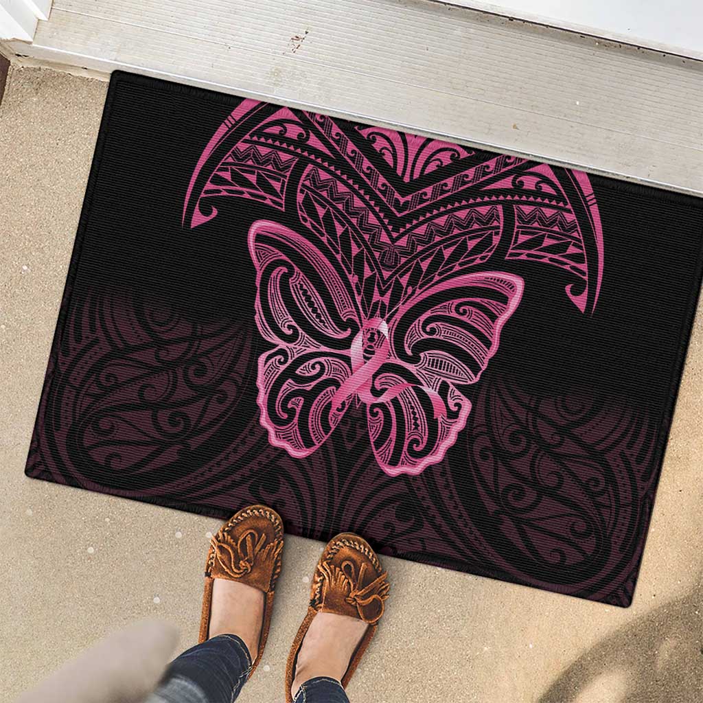 New Zealand Breast Cancer Awareness Rubber Doormat Maori Butterfly Pink Ribbon Black Version - Aussie Hoodie