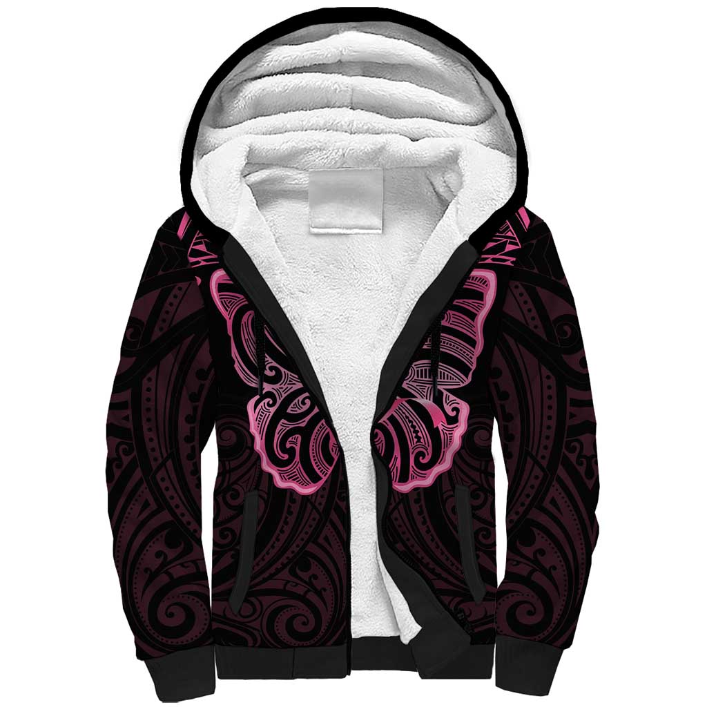 New Zealand Breast Cancer Awareness Sherpa Hoodie Maori Butterfly Pink Ribbon Black Version - Aussie Hoodie