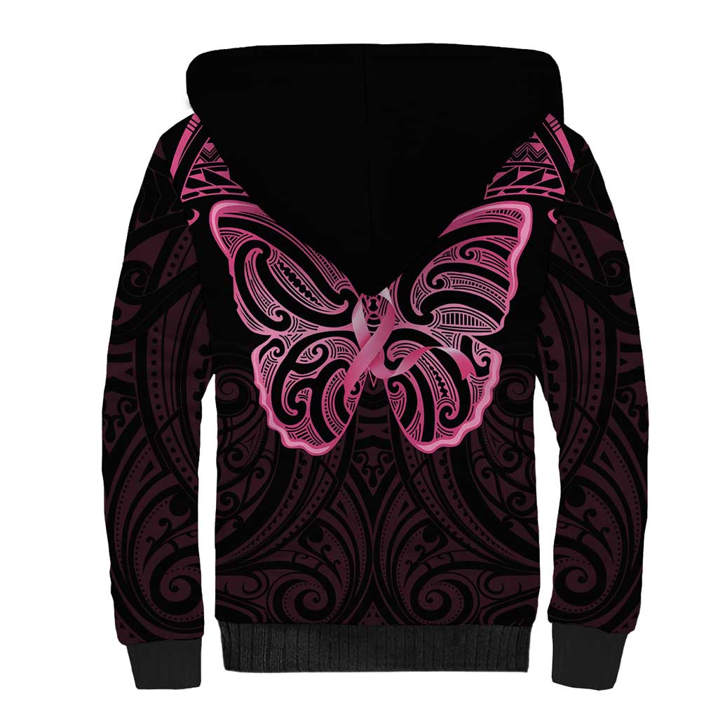 New Zealand Breast Cancer Awareness Sherpa Hoodie Maori Butterfly Pink Ribbon Black Version - Aussie Hoodie