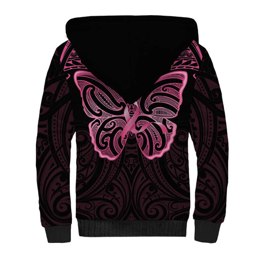 New Zealand Breast Cancer Awareness Sherpa Hoodie Maori Butterfly Pink Ribbon Black Version - Aussie Hoodie
