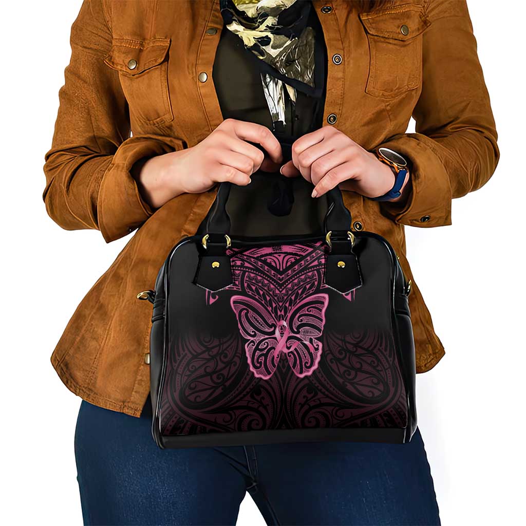 New Zealand Breast Cancer Awareness Shoulder Handbag Maori Butterfly Pink Ribbon Black Version - Aussie Hoodie