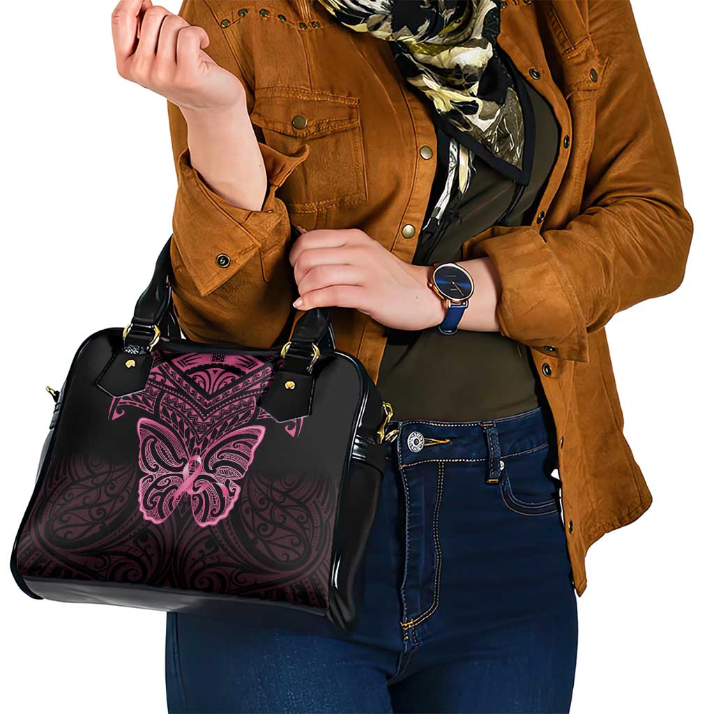 New Zealand Breast Cancer Awareness Shoulder Handbag Maori Butterfly Pink Ribbon Black Version - Aussie Hoodie