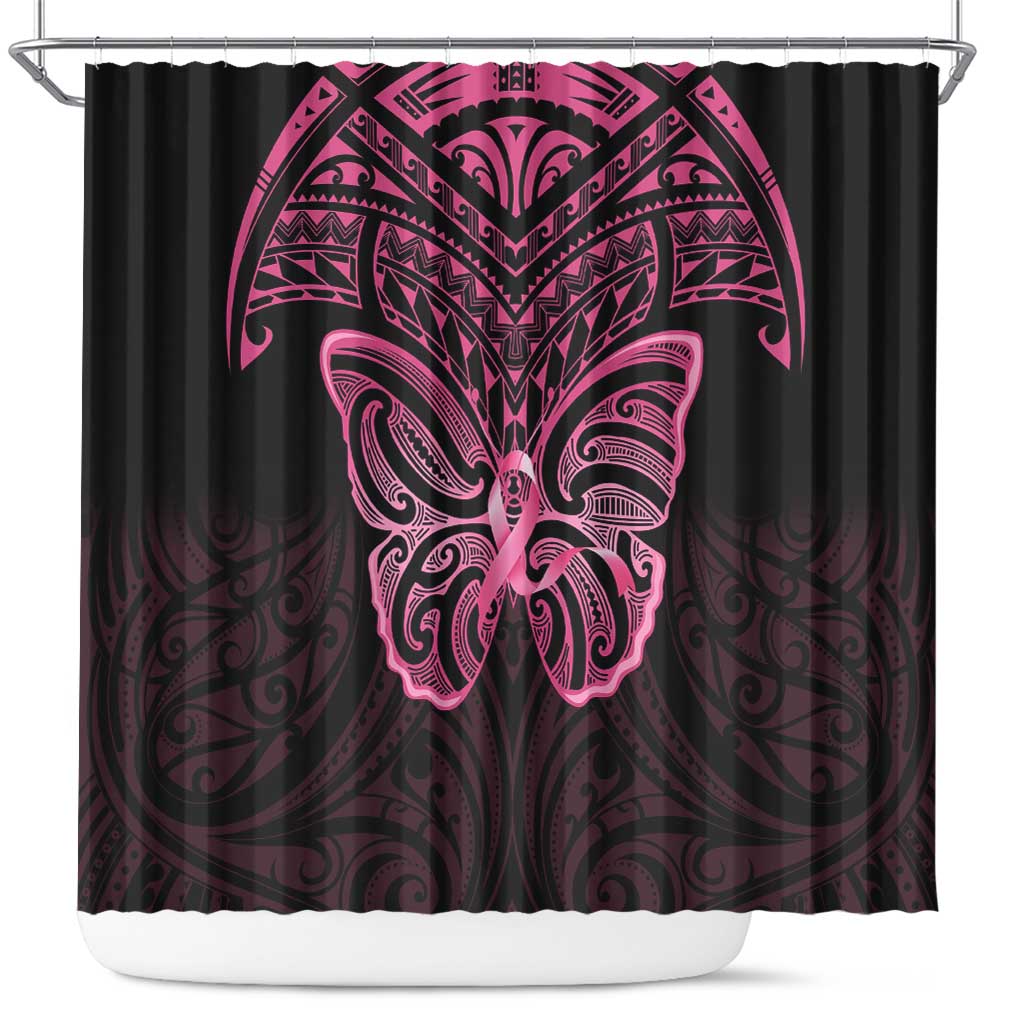 New Zealand Breast Cancer Awareness Shower Curtain Maori Butterfly Pink Ribbon Black Version - Aussie Hoodie
