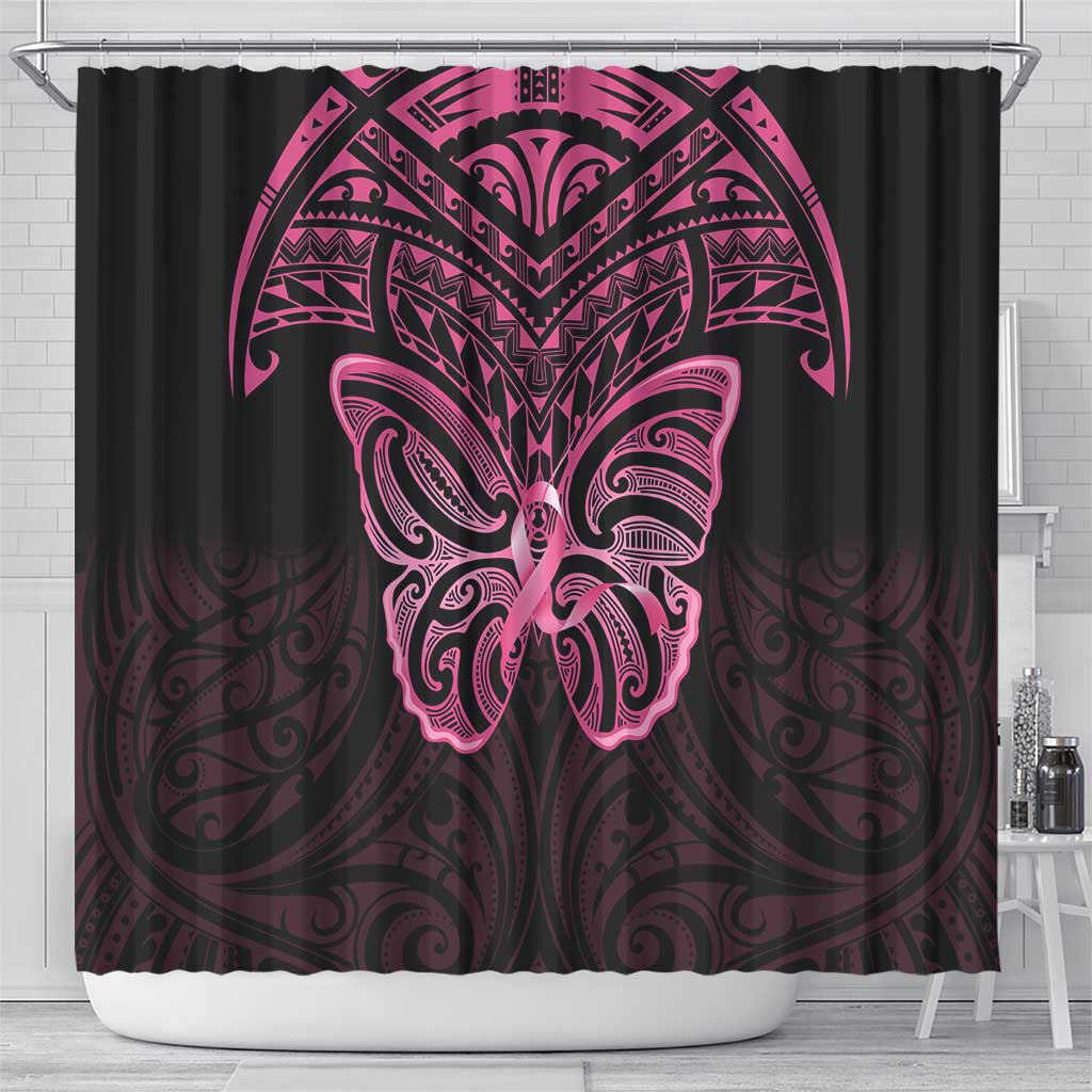 New Zealand Breast Cancer Awareness Shower Curtain Maori Butterfly Pink Ribbon Black Version - Aussie Hoodie
