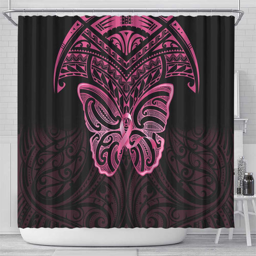New Zealand Breast Cancer Awareness Shower Curtain Maori Butterfly Pink Ribbon Black Version - Aussie Hoodie