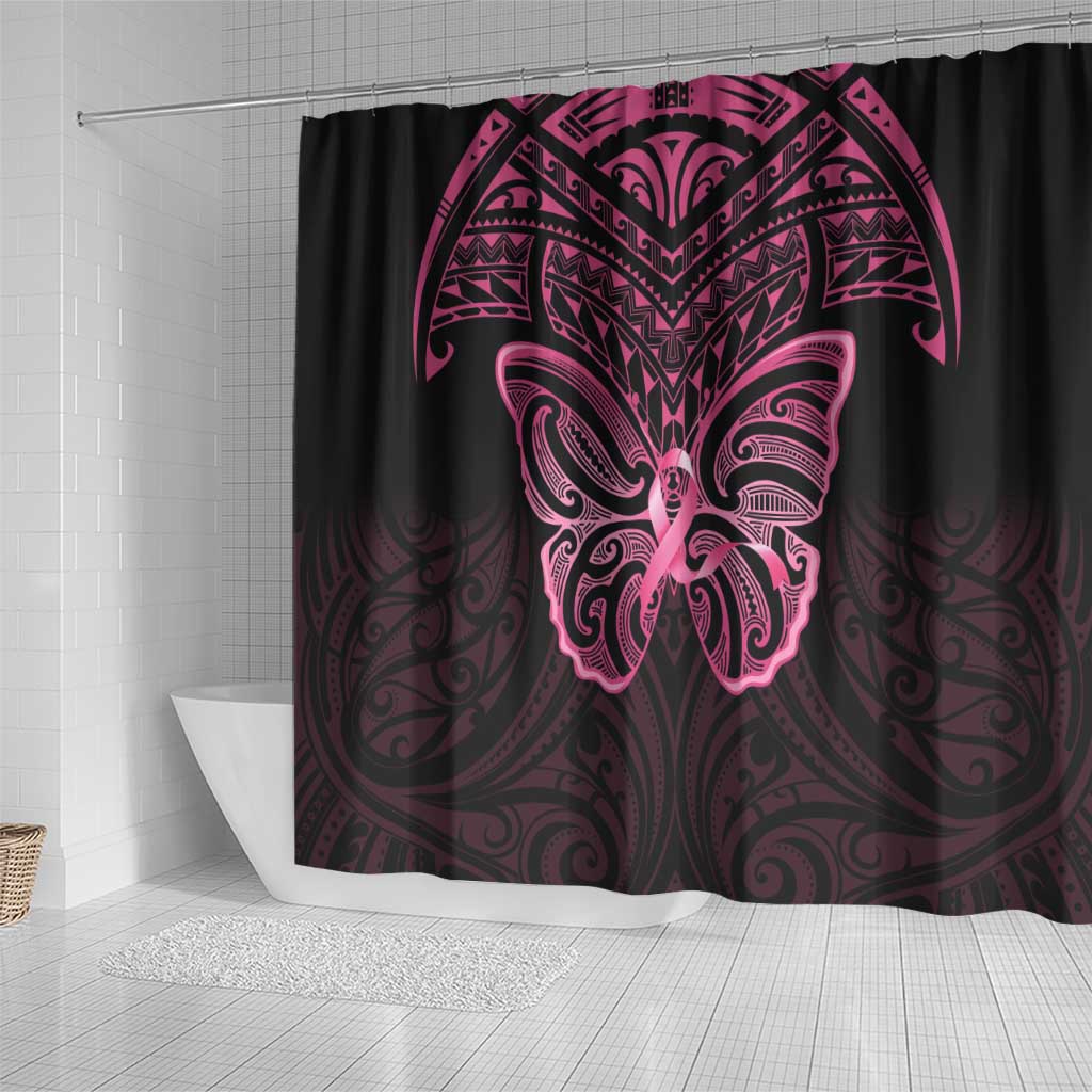 New Zealand Breast Cancer Awareness Shower Curtain Maori Butterfly Pink Ribbon Black Version - Aussie Hoodie