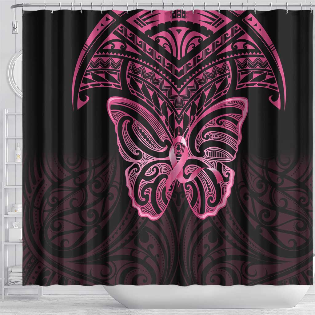 New Zealand Breast Cancer Awareness Shower Curtain Maori Butterfly Pink Ribbon Black Version - Aussie Hoodie