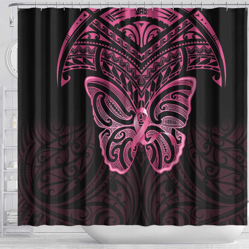 New Zealand Breast Cancer Awareness Shower Curtain Maori Butterfly Pink Ribbon Black Version - Aussie Hoodie