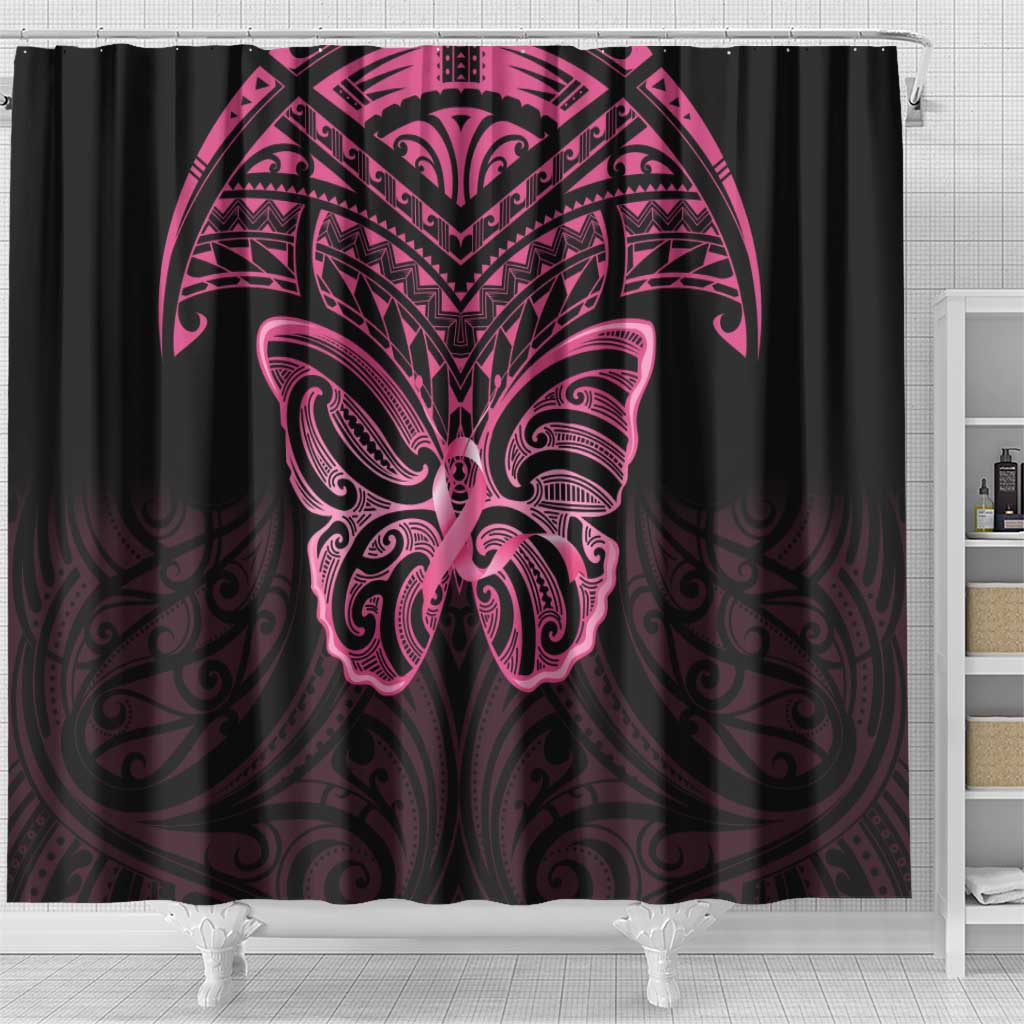 New Zealand Breast Cancer Awareness Shower Curtain Maori Butterfly Pink Ribbon Black Version - Aussie Hoodie