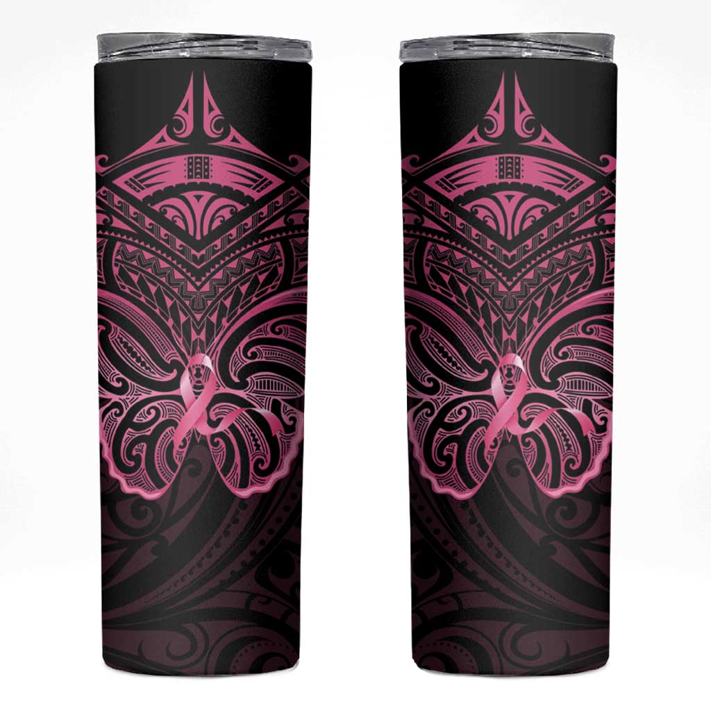 New Zealand Breast Cancer Awareness Skinny Tumbler Maori Butterfly Pink Ribbon Black Version - Aussie Hoodie