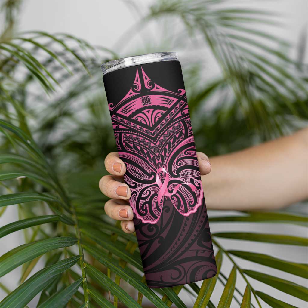 New Zealand Breast Cancer Awareness Skinny Tumbler Maori Butterfly Pink Ribbon Black Version - Aussie Hoodie