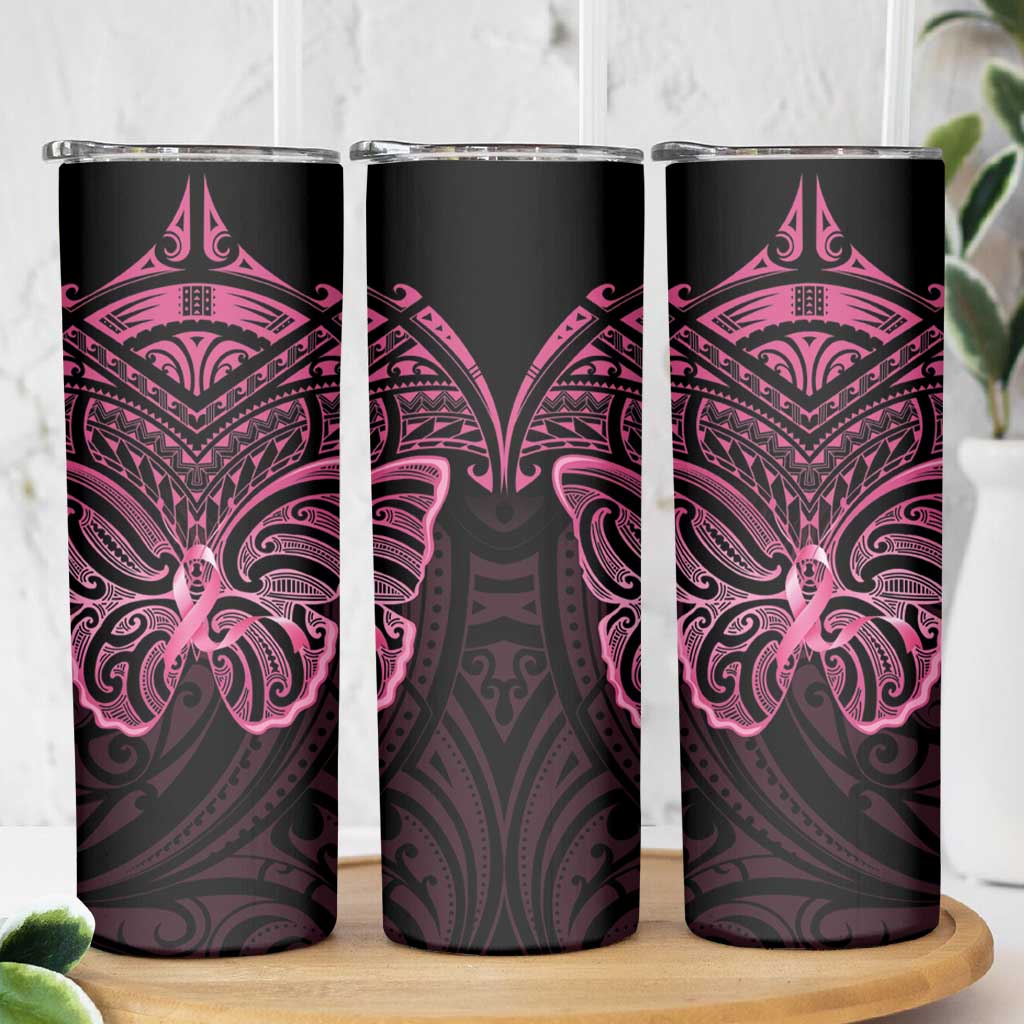 New Zealand Breast Cancer Awareness Skinny Tumbler Maori Butterfly Pink Ribbon Black Version - Aussie Hoodie