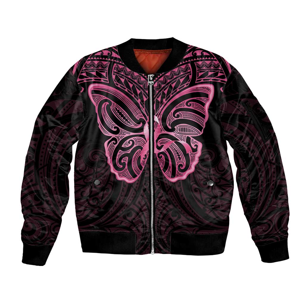 New Zealand Breast Cancer Awareness Sleeve Zip Bomber Jacket Maori Butterfly Pink Ribbon Black Version - Aussie Hoodie