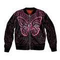 New Zealand Breast Cancer Awareness Sleeve Zip Bomber Jacket Maori Butterfly Pink Ribbon Black Version - Aussie Hoodie