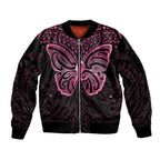 New Zealand Breast Cancer Awareness Sleeve Zip Bomber Jacket Maori Butterfly Pink Ribbon Black Version - Aussie Hoodie