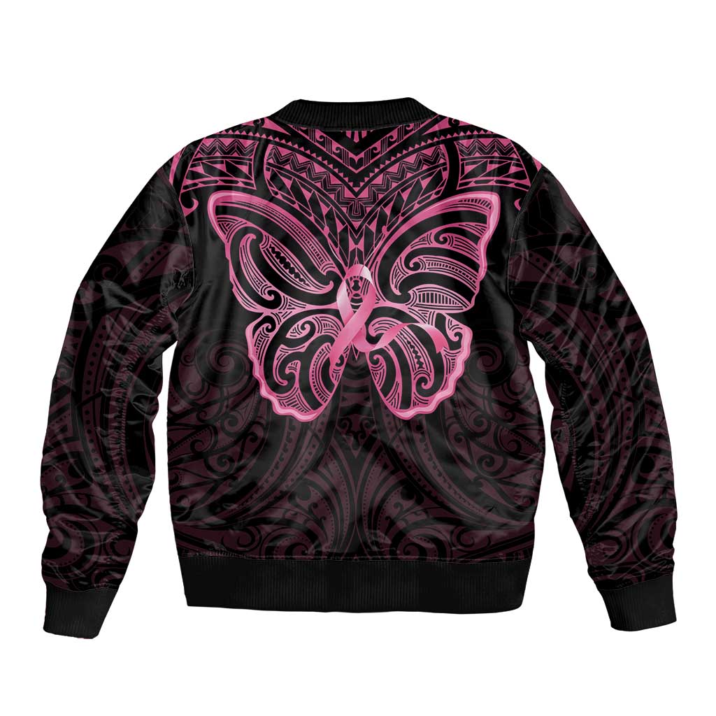 New Zealand Breast Cancer Awareness Sleeve Zip Bomber Jacket Maori Butterfly Pink Ribbon Black Version - Aussie Hoodie